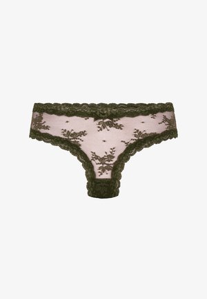 Transparante kanten bikini-slip in olijfgroen met bloemmotieven en gegolfde randen, voorzien van een klein strikje in het midden van de tailleband.