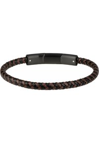 Brun och svart flätad läderarmband med en slät svart metallspänne, med två små silverdetaljer på spännets kanter.