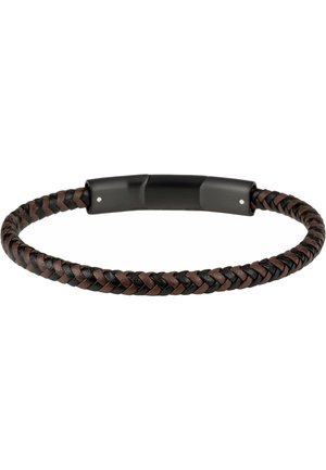 Brown and black braided leather bracelet with a smooth black metal clasp, featuring two small silver accents on the clasp edges.