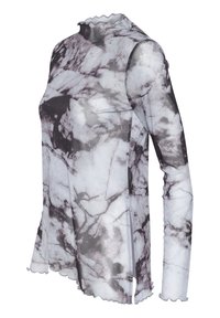 Långärmad, figurnära topp i transparent tyg med ett svart och grått marmorliknande mönster; skaldad halsringning och nederkant.