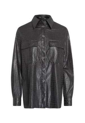 Black faux leather shirt with a crocodile texture, featuring a collar, button front, two chest pockets, and long sleeves.