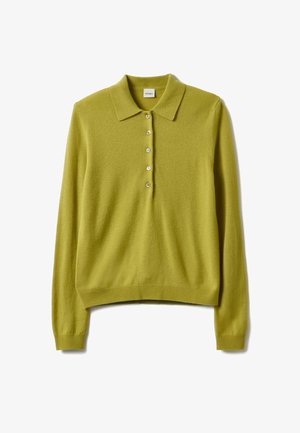 Grüner Pullover aus Wollmischung mit Kragen, langen Ärmeln und einer Knopfleiste mit sechs Knöpfen, betont durch eine weiche Textur.