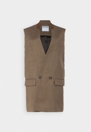 Gilet marrone senza maniche con design doppiopetto, colletto a revers, tasche laterali e fodera interna. Tessuto testurizzato con leggere righe.