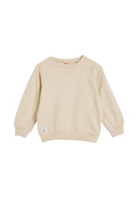 Sudadera de algodón beige con puños y dobladillo acanalados, que presenta un escote redondeado y una pequeña etiqueta gráfica en la parte inferior izquierda.