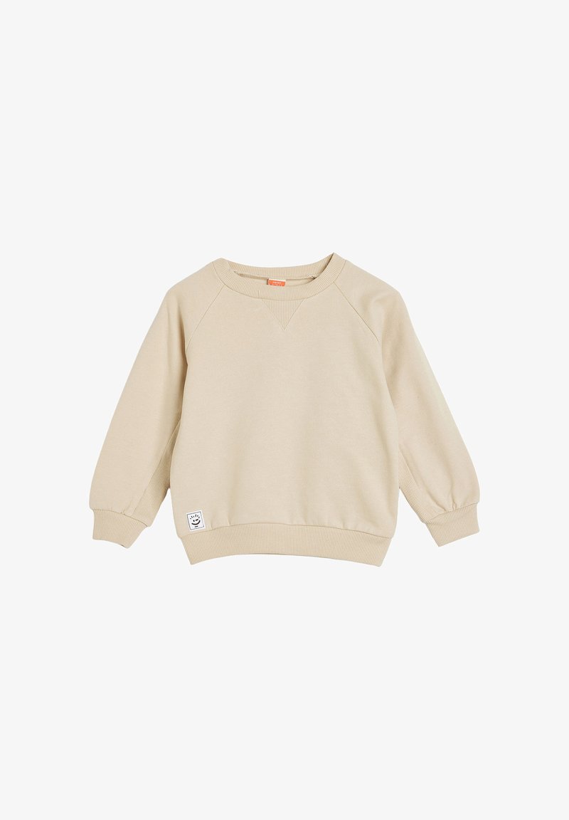 Beige Baumwoll-Sweatshirt mit gerippten Bündchen und Saum, mit einem runden Halsausschnitt und einem kleinen grafischen Etikett unten links.