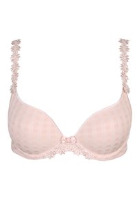 Light pink bra with checkered pattern, lace trim on straps, and small bow detail at center. Smooth fabric and underwired for support.