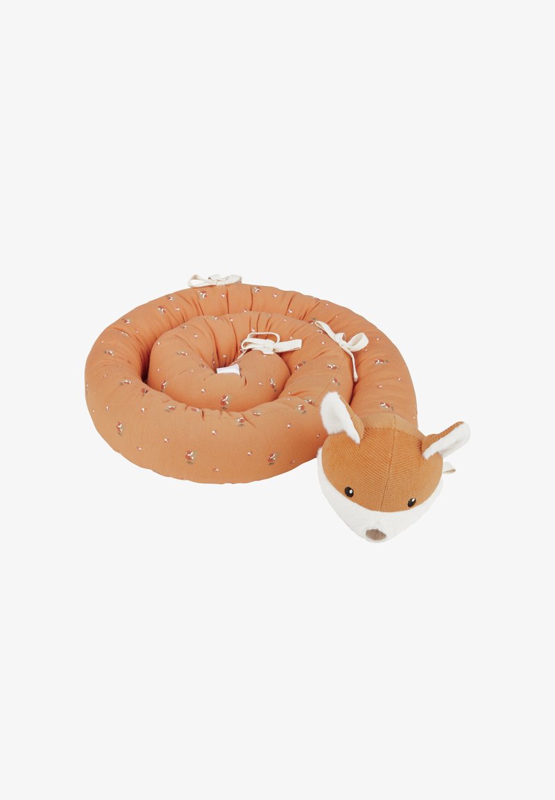 Soft, fabric snake-shaped pillow in orange with a fox head. Features a plush texture, white accents, and floral patterns on the body.
