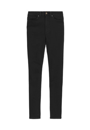 Jeans de denim negro con corte ajustado, diseño de cinco bolsillos, cierre de cremallera y botón de latón. Textura suave y detalles mínimos de costura.