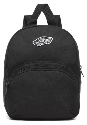 Czarny plecak wykonany z trwałego materiału, z wyraźnym białym logo "Vans Off the Wall", przednią kieszenią na zamek oraz dwoma górnymi uchwytami do noszenia.