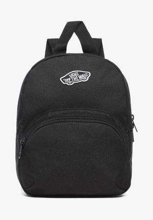 Czarny plecak wykonany z trwałego materiału, z wyraźnym białym logo "Vans Off the Wall", przednią kieszenią na zamek oraz dwoma górnymi uchwytami do noszenia.