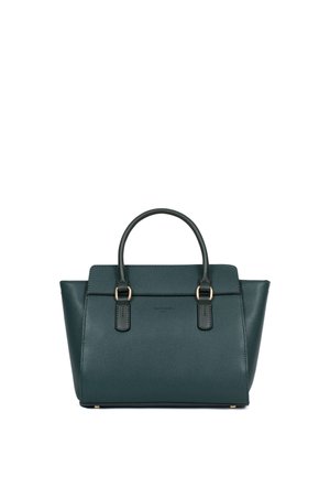 Borsa a mano in pelle verde scuro con due manici arrotondati e ferramenta tono oro su sfondo bianco.