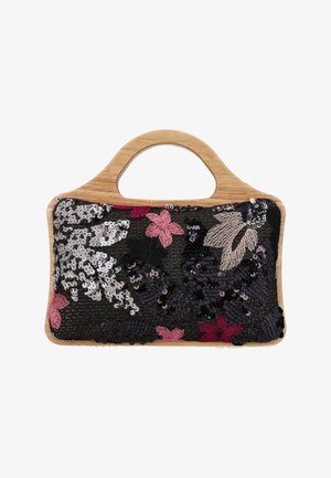 Florale Pailletten-Handtasche mit Holzhenkel. Verfügt über eine schwarze Basis mit rosa und silberner Stickerei, die ein strukturiertes und geschichtetes Erscheinungsbild schafft.