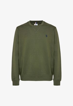 Felpa verde oliva con polsini e orlo a costine, scollo girocollo e piccolo logo ricamato sul petto a sinistra. Materiale in misto cotone.