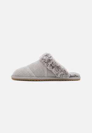 Gray fabric slipper featuring a ribbed design, soft faux fur trim, and a cushioned insole, with a textured rubber sole for traction.