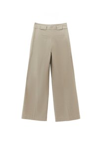 Beige široké kalhoty vyrobené z texturované látky. Mají vysoký pas, dvě boční kapsy a přísný střih s poutky na opasek.