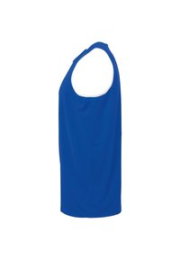 Blauw mouwloos sporttanktop met een ronde hals, gemaakt van een gladde stof en voorzien van een contrasterende witte bies langs de hals en armsgaten.