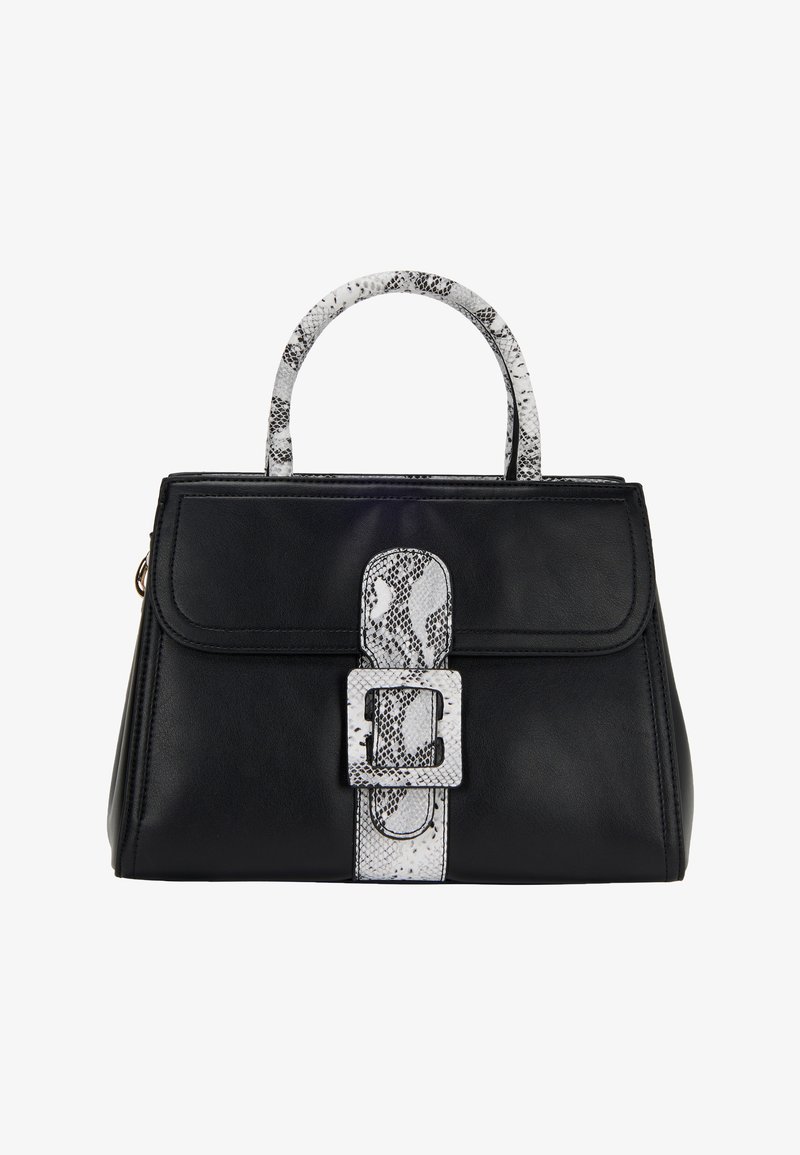 Sort læderhåndtaske med et struktureret design, der har en slange-mønstret hvid rem og spænde detalje. Glat tekstur, dobbelte håndtag.