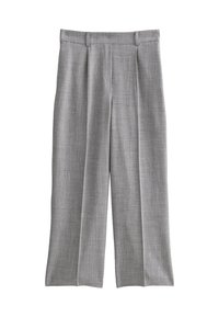 Grijze broek met een gestructureerde stof, wijde pijpen en plooien aan de voorkant. Strak aansluitende tailleband met riemlussen, geen zichtbare zakken.
