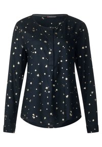 Mörkblå långärmad skjorta med rund halsringning, prydd med gyllene prickar och stänk i olika storlekar över tyget.