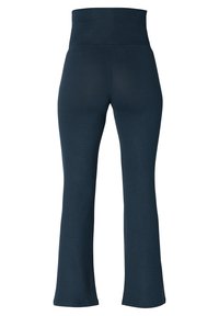 Marineblauwe flared yoga broek met een hoge tailleband, gemaakt van rekbare stof, met een gladde textuur en zonder zichtbare patronen of metalen onderdelen.