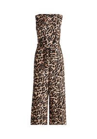 Pöttyös leopárdmintás kezeslábas, strapless dizájnnal, széles lábakkal, megkötős megoldással a deréknál, sima, könnyű anyagban bézs és fekete árnyalatokban.