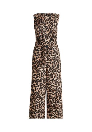 Overall s leopardím vzorom bez ramienok, s širokými nohavicami, stiahnutým pásom s viazaním a hladkým, ľahkým materiálom v béžových a čiernych tónoch.