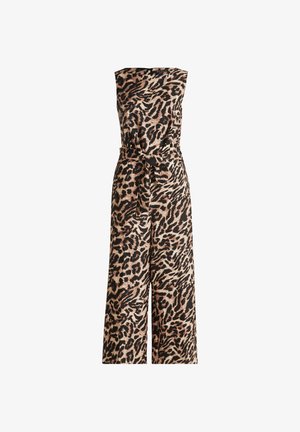 Pardansprint jumpsuit med stropløs design, vide ben, indsnævret talje med bånd og glat, let stof i beige og sorte nuancer.