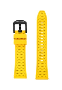 Gul silikone rem til ur med et struktureret perforeret design. Sort spænde med "FESTINA" logo. Indeholder flere justeringshuller.