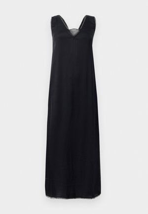 Black sleeveless dress with a V-neckline, featuring lace trim at the neck, and a loose fit that reaches mid-calf length.
