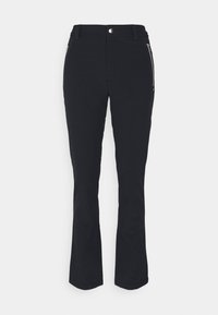 Czarne spodnie ze stretchu, o wąskim kroju, średnim stanie i z zamykanymi na suwak bocznymi kieszeniami. Gładka tekstura z minimalnymi detalami.