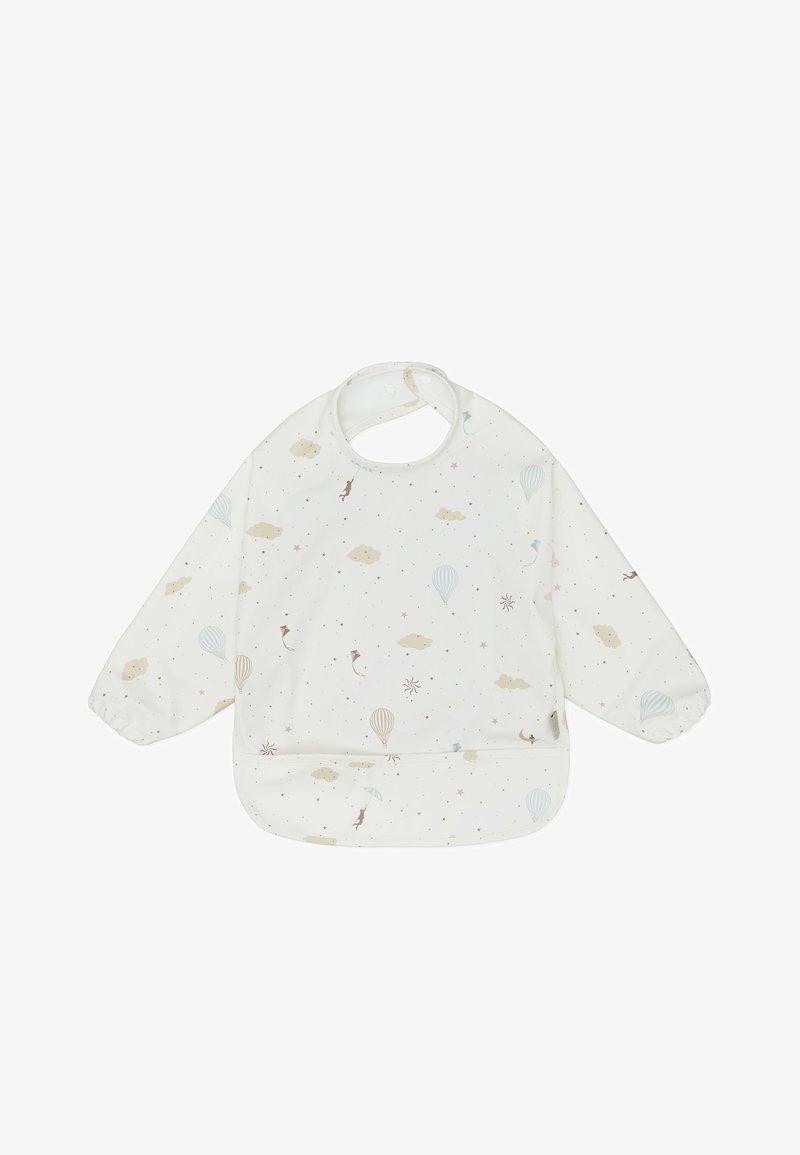 Detská podbradník s dlhým rukávom z krémovej látky, zdobený hravými vzormi oblakov, teplovzdušných balónov a šarkanov v svetlých pastelových farbách.