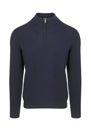 Navy pullover met een hoge kraag en een kwart-rits aan de voorkant, gemaakt van zacht gebreid materiaal, met lange mouwen en een getailleerde pasvorm.