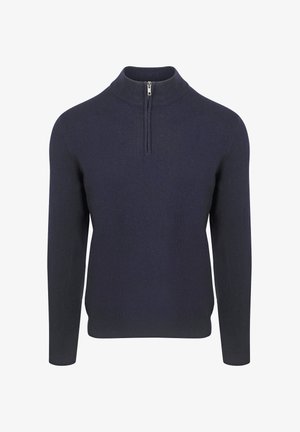 Navy pullover met een hoge kraag en een kwart-rits aan de voorkant, gemaakt van zacht gebreid materiaal, met lange mouwen en een getailleerde pasvorm.