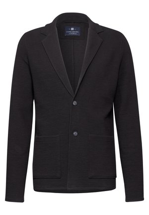 Schwarze Blazer aus strukturiertem Material, mit einem einzelnen Knopfverschluss, Schalkragen und zwei Vorderaschen. Lässiges Design, geeignet für smart-casual Outfits.