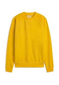 Erkolläbimust kollane pusa, millel on pikad varrukad ja soonilised mansetid, kaeluse all väike tikitud detail.