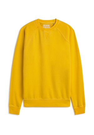 Hanorac galben strălucitor cu guler rotund, mâneci lungi și manșete tricotate, având un mic detaliu cusut sub guler.