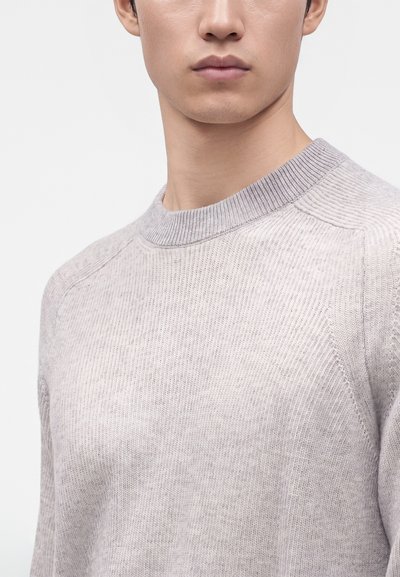 Jeune personne portant un pull en maille côtelée gris clair avec un col rond et des manches raglan sur un fond uni.