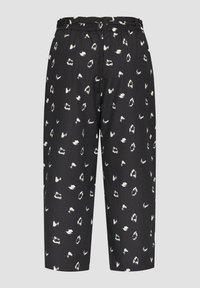 Zwarte, gemusterde broek gemaakt van lichtgewicht stof, met witte abstracte vlekken, een elastische tailleband en een relaxte pasvorm met cropped benen.