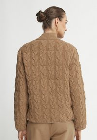 Pull en mailles torsadées marron affichant un motif texturé avec un col côtelé et des manches longues, offrant une coupe décontractée et un ourlet droit.