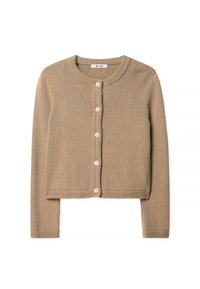 Beige geknipte cardigan met ribbeltextuur, vijf knopen en gevlochten details langs de knopenlijst en zoom. Lange mouwen.