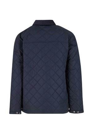 Temno modra prešita jakna z dolgimi rokavi, zapenjalo na zapestju in temnim ovratnikom, prikazana s hrbtne strani.