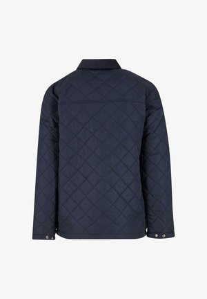 Temno modra prešita jakna z dolgimi rokavi, zapenjalo na zapestju in temnim ovratnikom, prikazana s hrbtne strani.