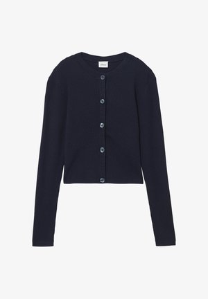 Cardigan côtelé bleu marine avec un col rond et des manches longues. Il présente six boutons bleus sur le devant et une coupe courte.