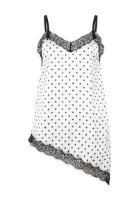 Haut blanc sans manches à pois noirs, bordure en dentelle noire le long du décolleté et ourlet asymétrique, avec fines bretelles noires.