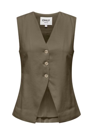 Gilet verde oliva senza maniche con scollo a V e tre bottoni beige, taglio aderente, etichetta con scritto "ONLY selected."