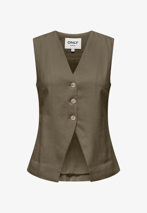 Mouwloos olijfgroen vest met V-hals en drie beige knopen, getailleerde pasvorm, label met de tekst "ONLY selected."