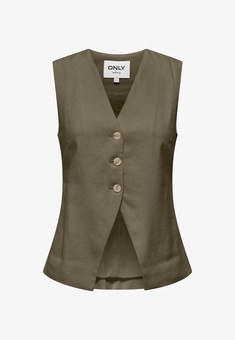 Chaleco sin mangas de color verde oliva con botones, cuello en V y tres botones beige, corte entallado, etiqueta que dice "ONLY selected."