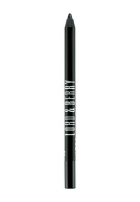 Eyeliner in matita nera con punta affilata, forma cilindrica e logo stampato in caratteri bianchi lungo il corpo.
