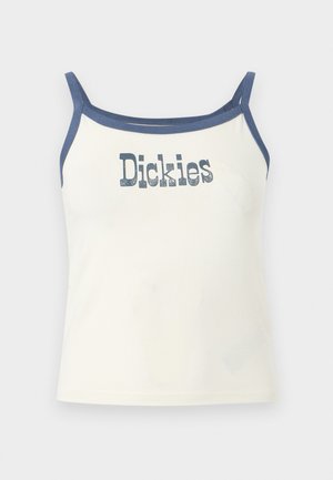 Valkoinen lyhyt paita, jossa ohuet siniset hihnat ja sininen reunus, keskellä rintaa kulunut "Dickies"-logoteksti.