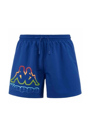 Short de bain bleu avec taille élastique et cordon, arborant un logo Kappa multicolore avec deux figures assises sur la jambe gauche.